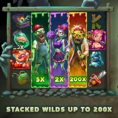 Three reels filled by stacked zombie Wilds marked 5x, 2x and 200x under the caption Stacked Wilds up to 200x