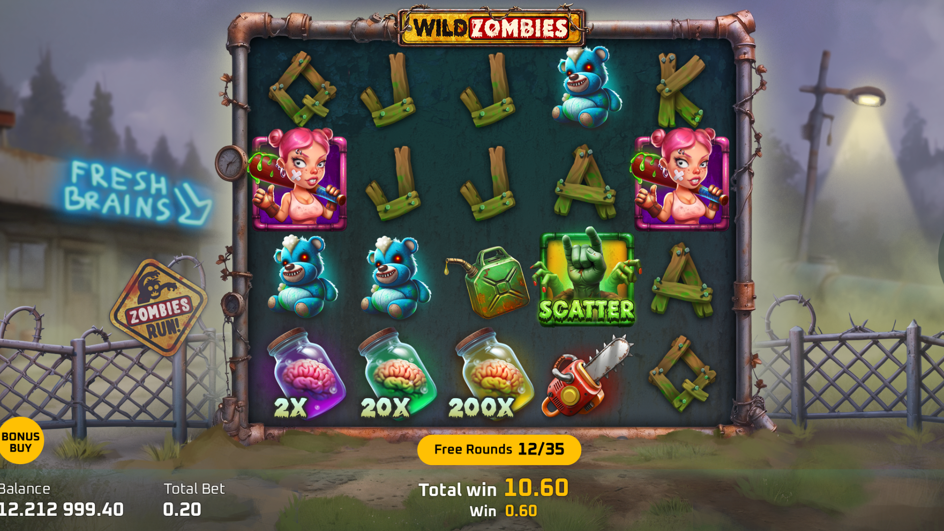 Wild Zombies reels with Scatter hand and 2x 20x 200x Brain Jar symbols