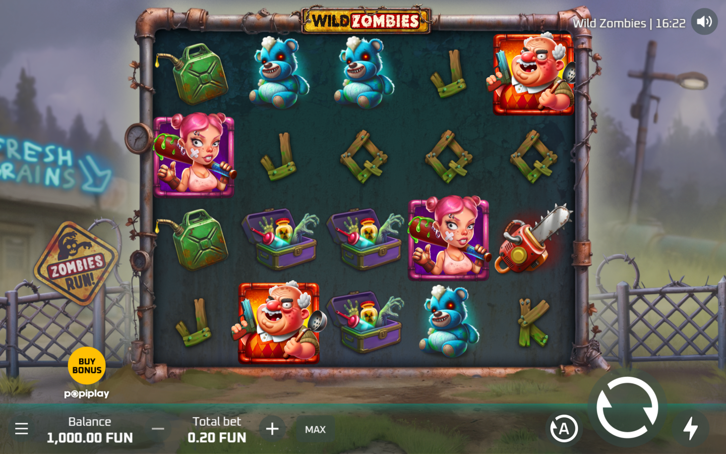 Wild Zombies responsive reel board with character and tool symbols