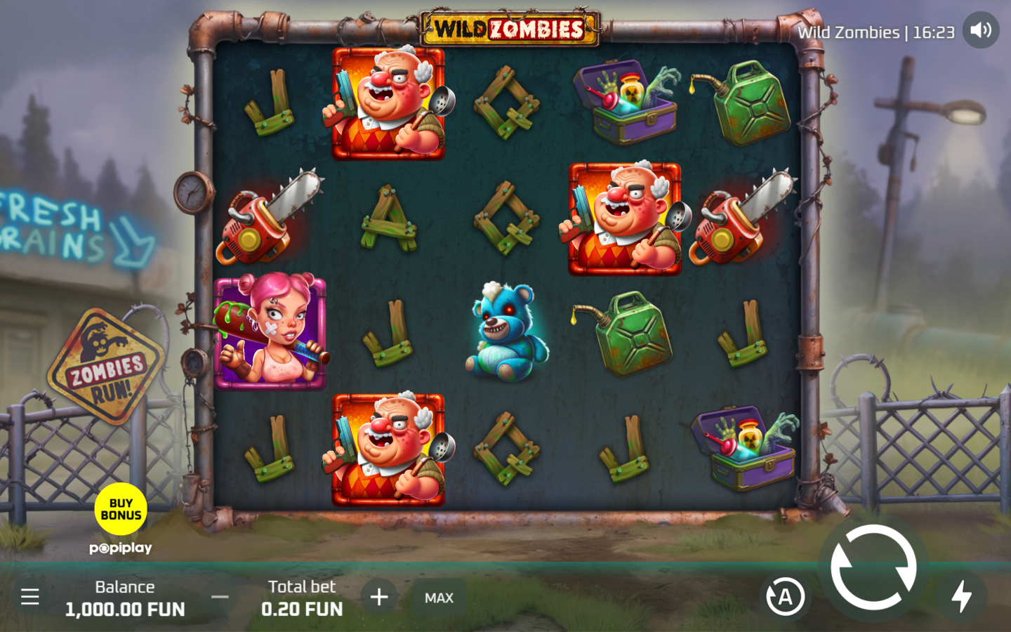 Wild Zombies reel interface with large circular spin and Bonus Buy controls
